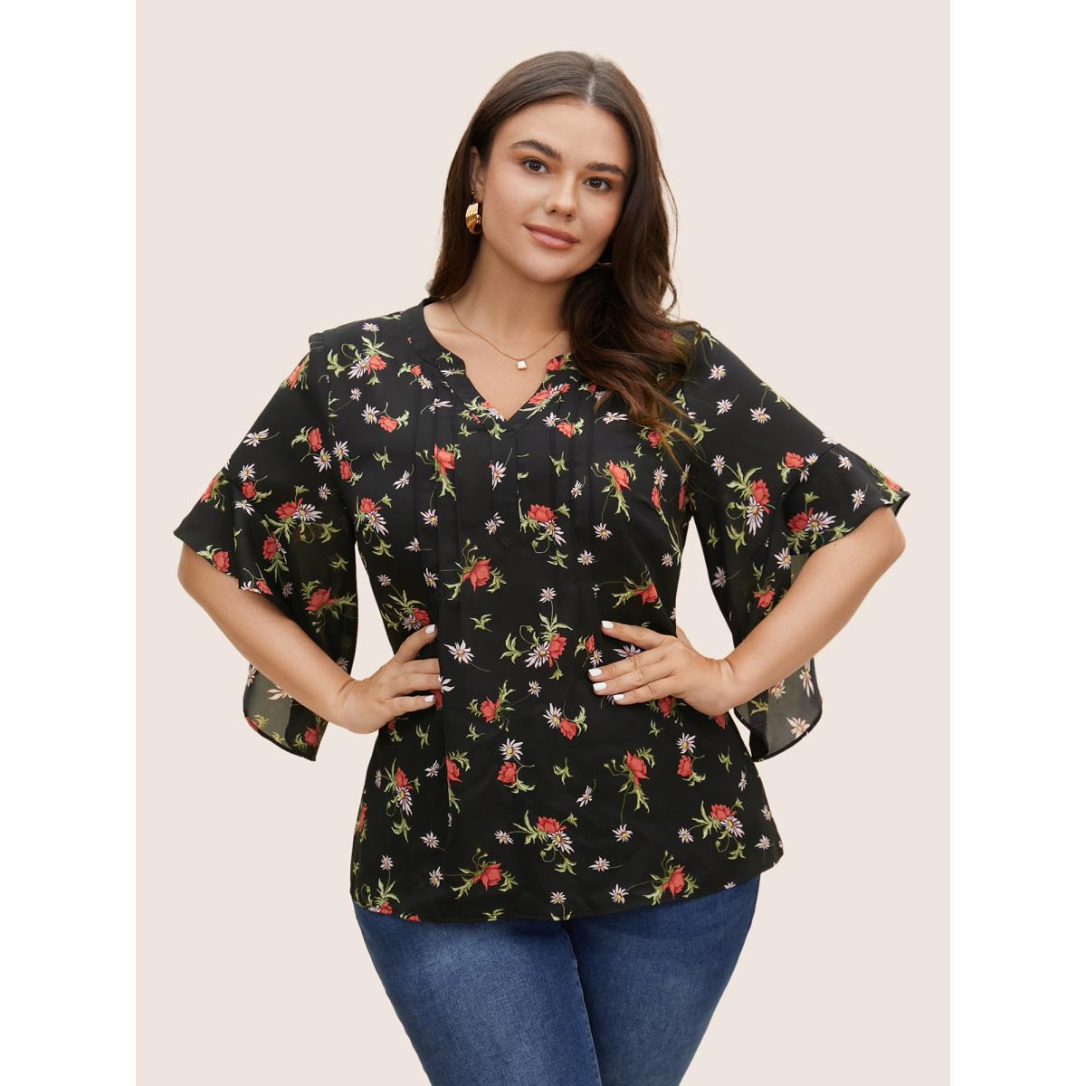 Plus Size Black Notched Floral Pleated Ruffle Sleeve Blouse Women Elegant Half Sleeve Flat collar with V-notch Everyday Blouses BloomChic 14-16/1X Product Image