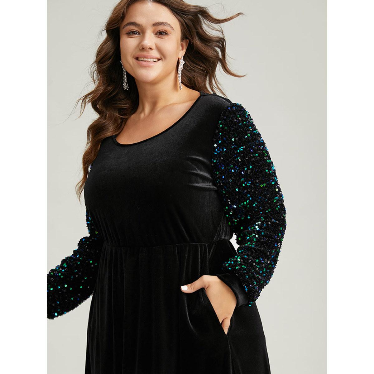 Plus Size Velvet Patchwork Sequin Elastic Waist Dress Black Women Party Velvet Scoop Neck Long Sleeve Curvy Midi Dress BloomChic 22-24/3X Product Image