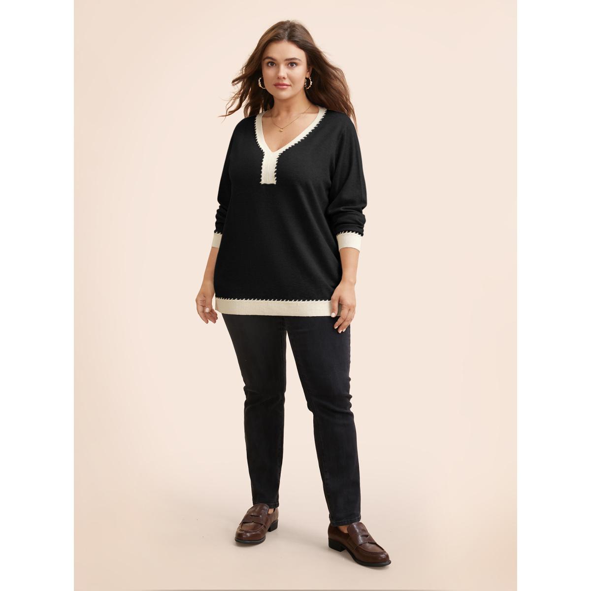 Plus Size Supersoft Essentials V Neck Contrast Crochet Pullover Black Women Casual Long Sleeve V-neck Everyday Pullovers BloomChic 14-16/1X Product Image