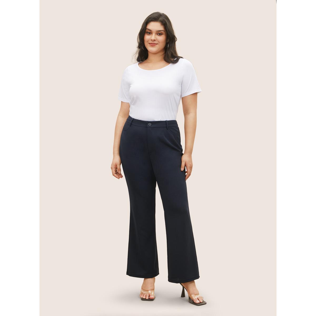 Plus Size High Rise Slanted Pocket Flare Leg Pants Women Blue At the Office Flare Leg High Rise Work Pants BloomChic 28/5X Product Image