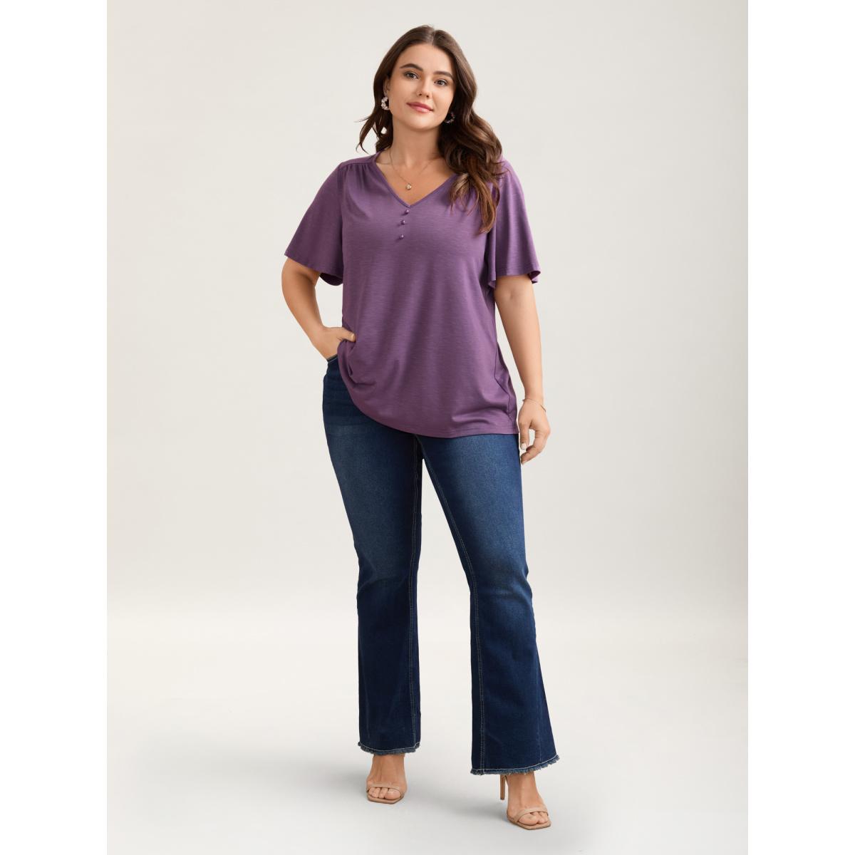 Plus Size Bamboo Textured Pleated Shoulder Button T-Shirt Mauve Women Timeless Gathered V-neck Elegant T-shirts BloomChic 30/6X Product Image