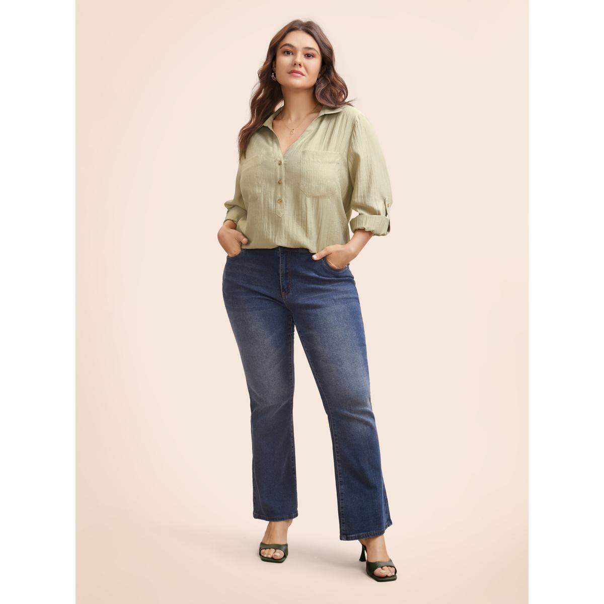 Plus Size Sage Solid Patched Pocket Tab Sleeve Blouse Women Elegant Long Sleeve V-neck Everyday Blouses BloomChic 18-20/2X Product Image