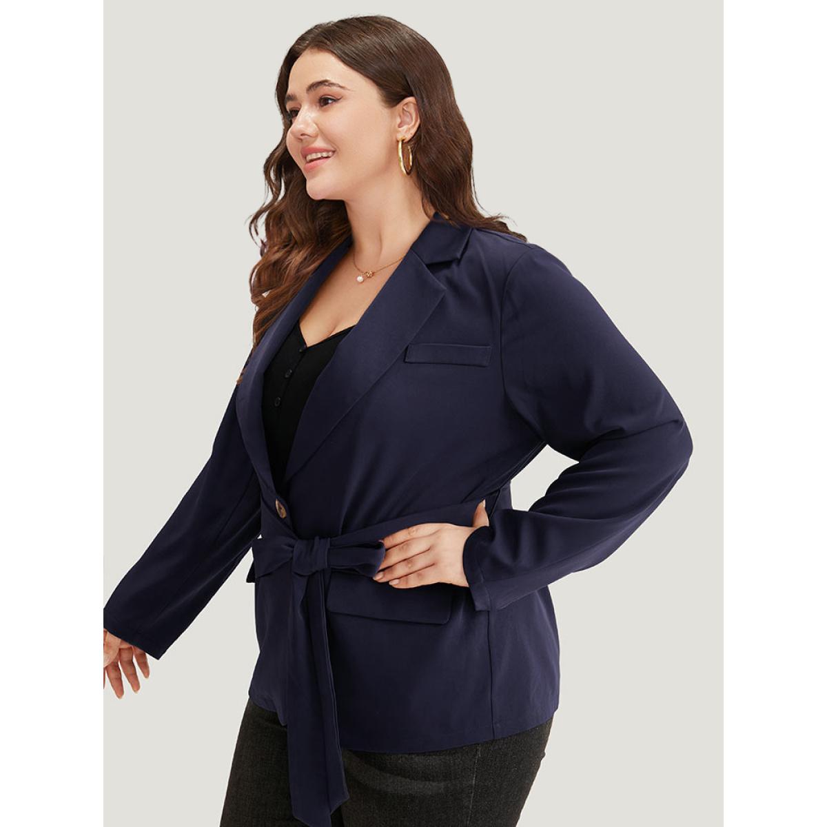 Plus Size Button Through Belted Blazer Indigo Women Dailywear Plain Plain Sleeve Long Sleeve Suit Collar 10/M Pocket Belt Elegant Blazers BloomChic Product Image