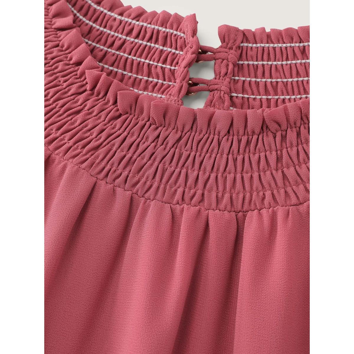 Plus Size Sheer Ruffled Gathered Neck Belted Midi Dress Rouge Women Timeless Stand-up collar Long Sleeve Curvy BloomChic 26/4X Product Image