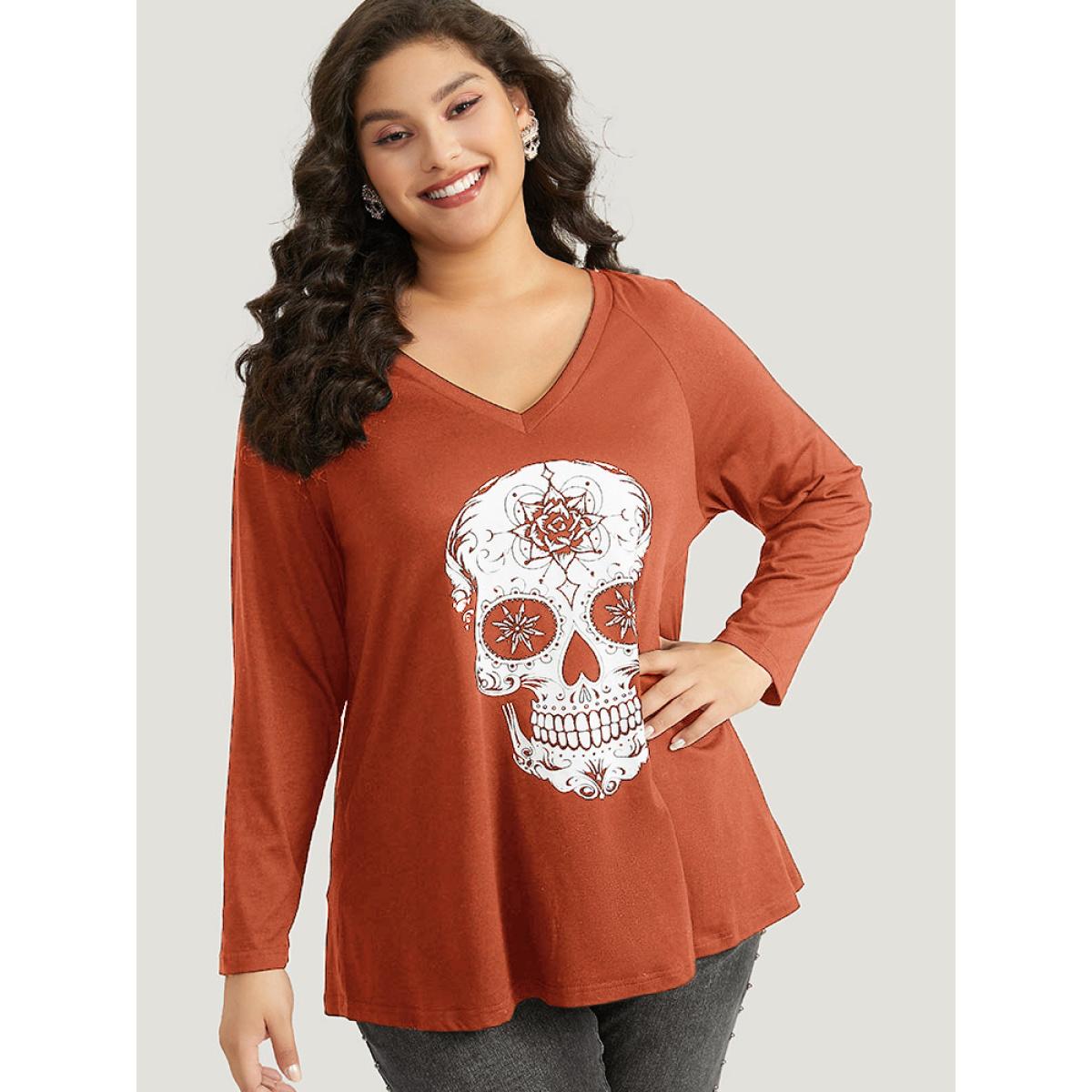 Plus Size Halloween Skull Print Long Sleeve T-shirt Chocolate Women Casual Printed Halloween Festival-Halloween T-shirts BloomChic 14-16/1X Product Image