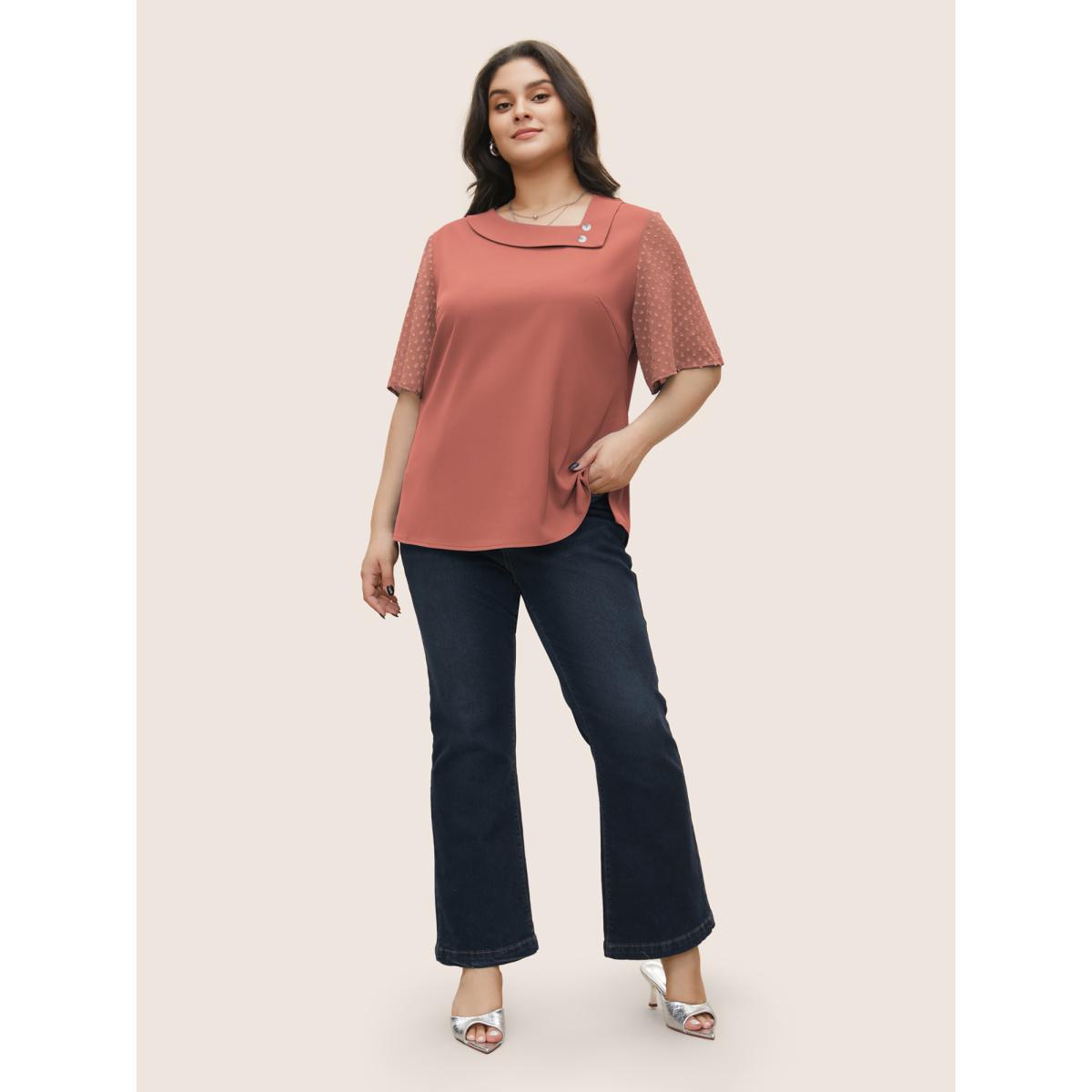 Plus Size DustyPink Patchwork Chiffon Asymmetrical Neck Button Detail Blouse Women At the Office Half Sleeve Asymmetrical Neck Work Blouses BloomChic 26/4X Product Image