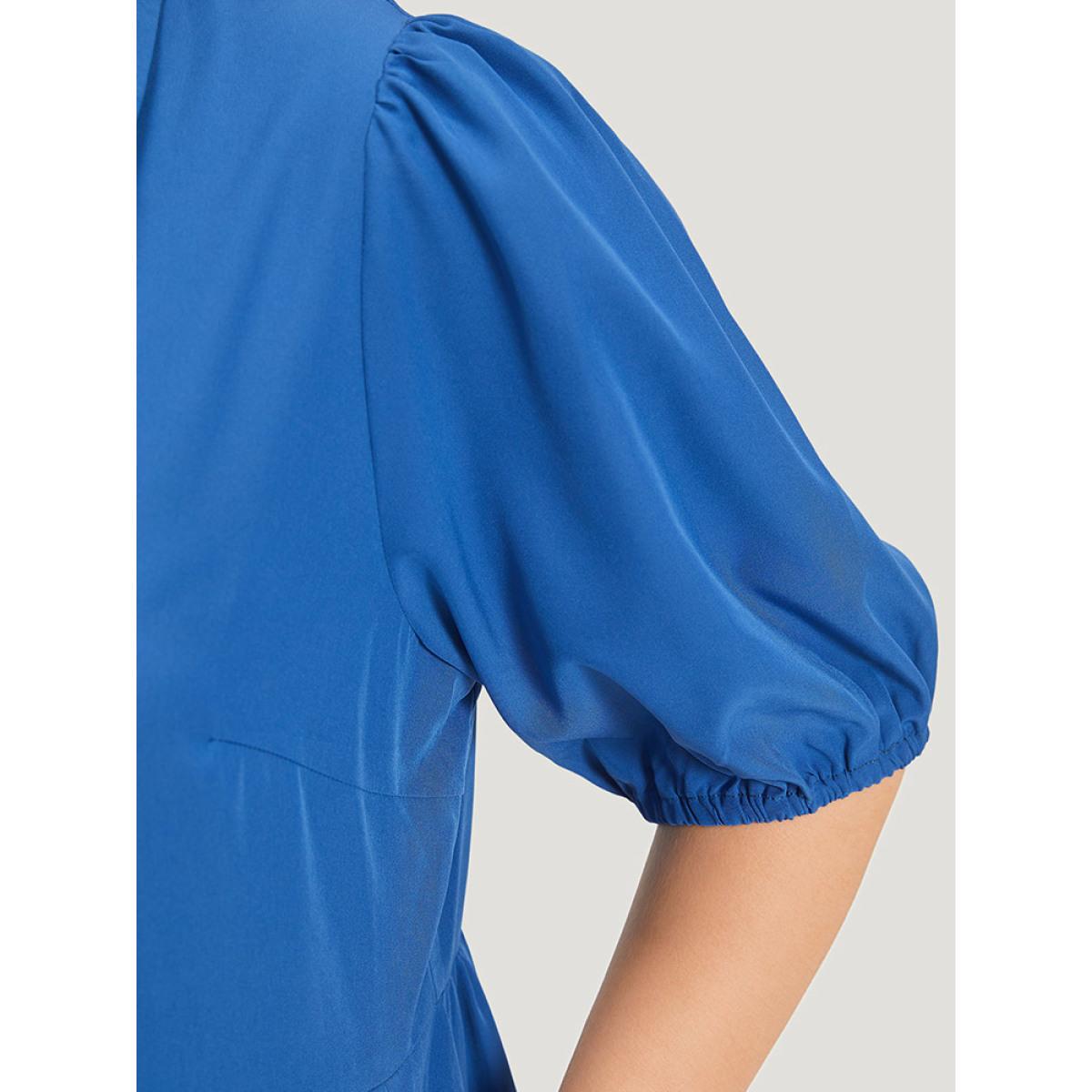 Plus Size Plain Shirt Collar Button Through Gathered Lantern Sleeve Dress Blue Women Elegant Elastic cuffs Shirt collar Half Sleeve Curvy Knee Dress BloomChic 18-20/2X Product Image