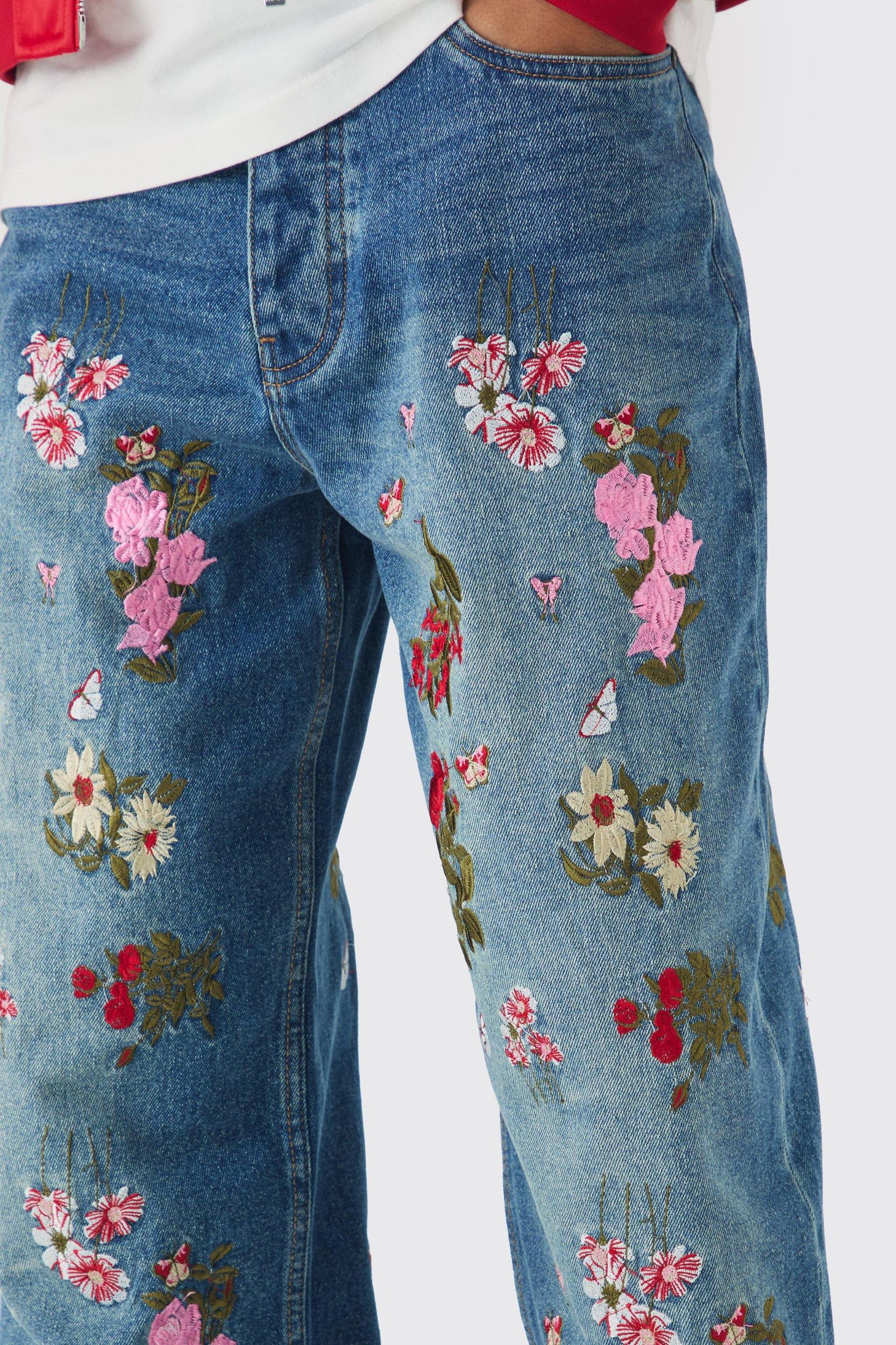 Baggy Fit Rigid Floral Embroidered Jeans | boohooMAN USA Product Image