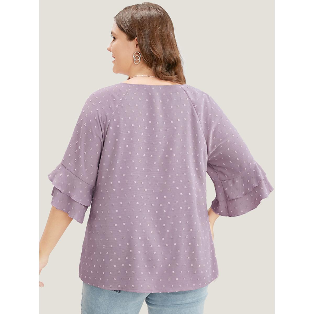 Plus Size Mauve Polka Dot Round Neck Ruffle Sleeve Blouse Women Casual Elbow-length sleeve Round Neck Dailywear Blouses BloomChic 12/L Product Image