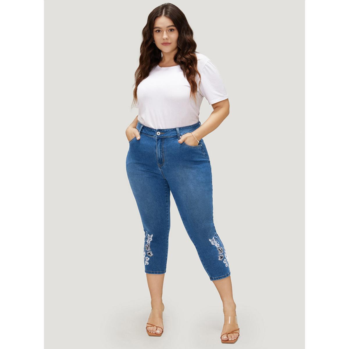 Plus Size Very Stretchy High Rise Medium Wash Embroidered Cropped Jeans Women LightBlue Casual Plain Embroidered High stretch Pocket Jeans BloomChic 14/1X Product Image