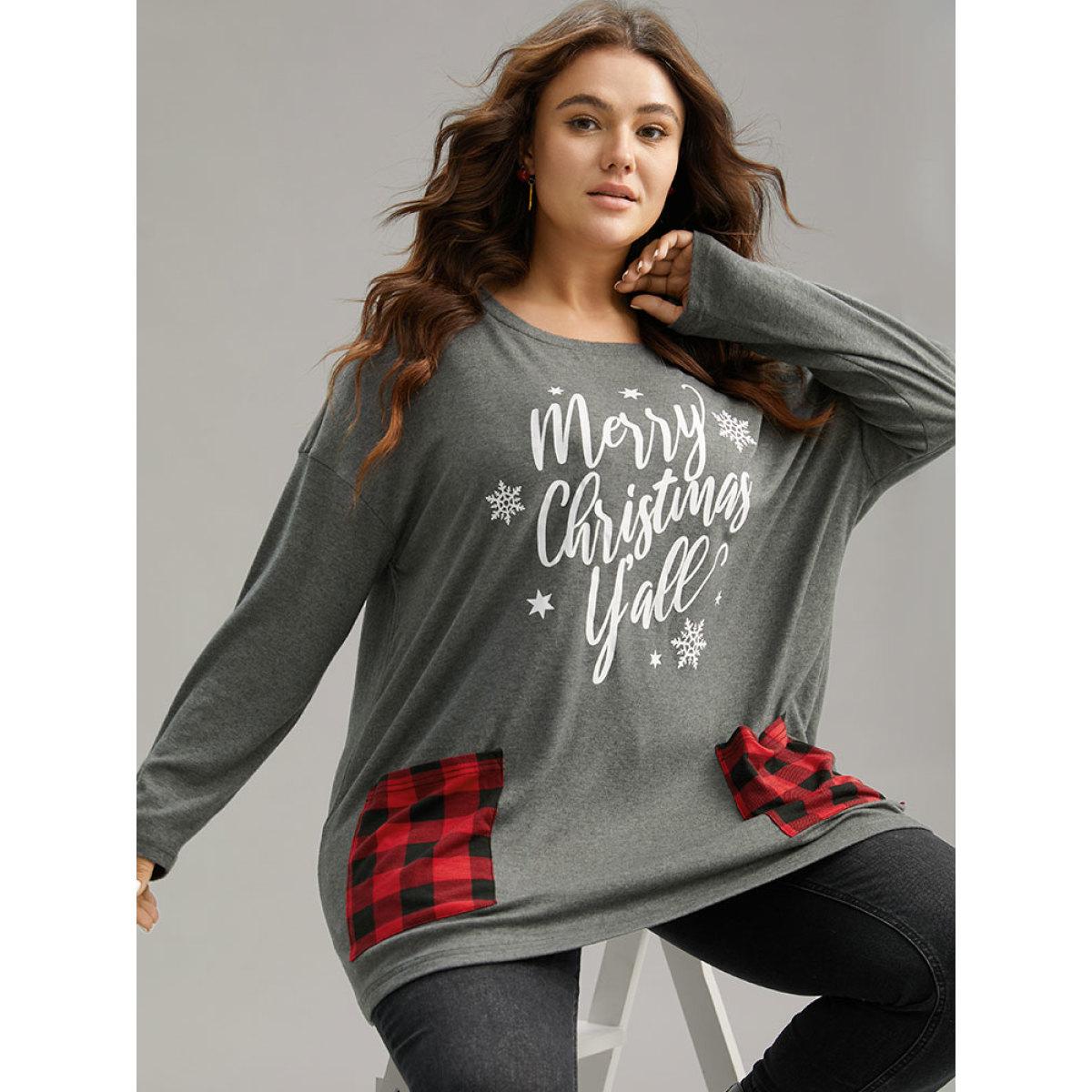 Plus Size Christmas Letter Plaid Patchwork Pocket T-shirt DimGray Women Casual Contrast Christmas Festival-Halloween T-shirts BloomChic 18-20/2X Product Image
