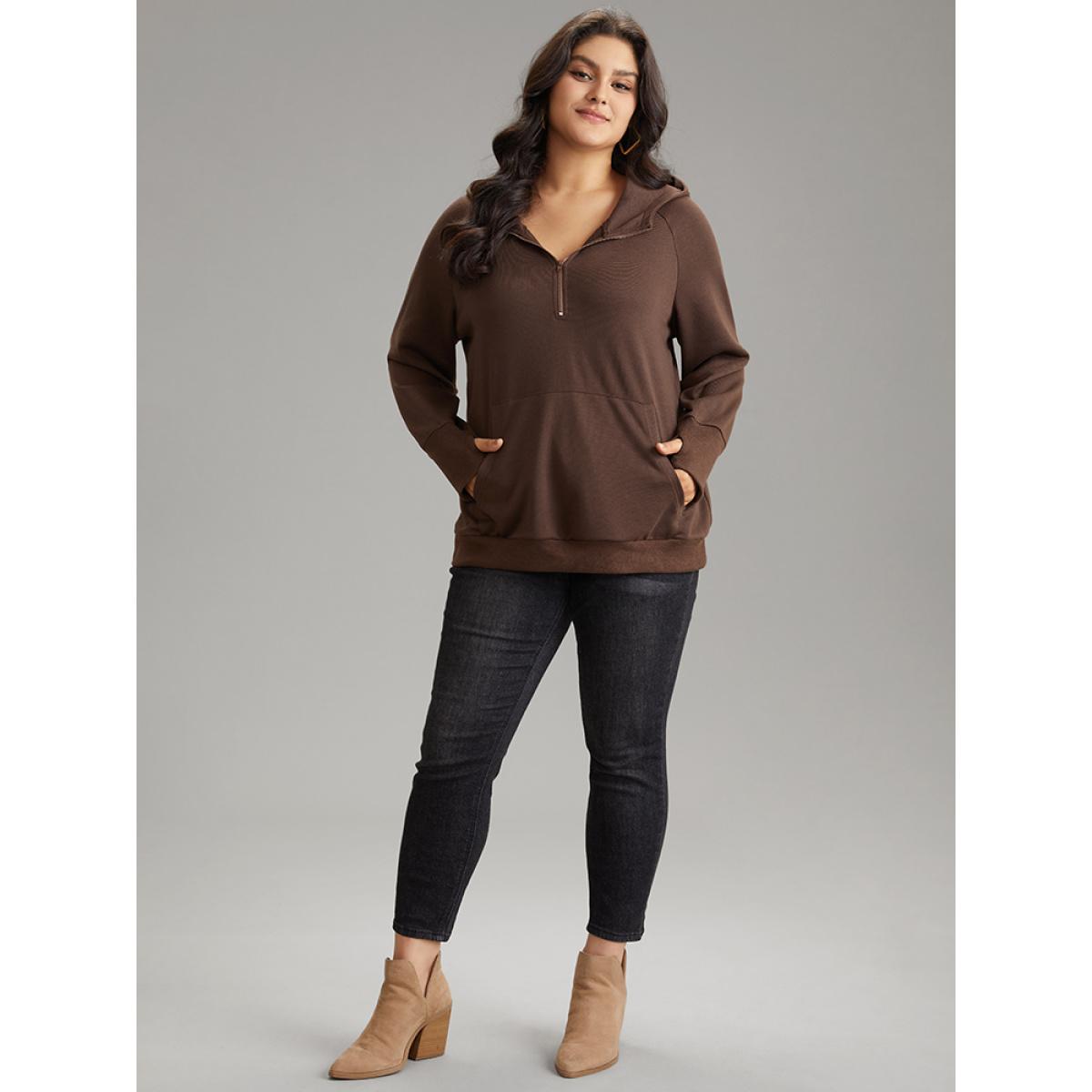 Plus Size Plain Thumb Hole Hooded Kangaroo Pocket Sweatshirt Women DarkBrown Casual Plain Hooded Dailywear Sweatshirts BloomChic 30/6X Product Image
