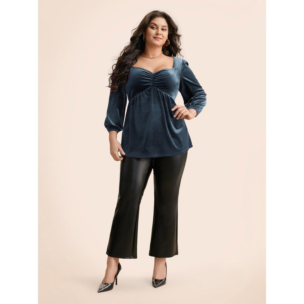 Plus Size DarkGreen Velvet Heart Neckline Gathered Blouse Women Timeless Three Quarter Length Sleeve Heart neckline Elegant Blouses BloomChic 10/M Product Image