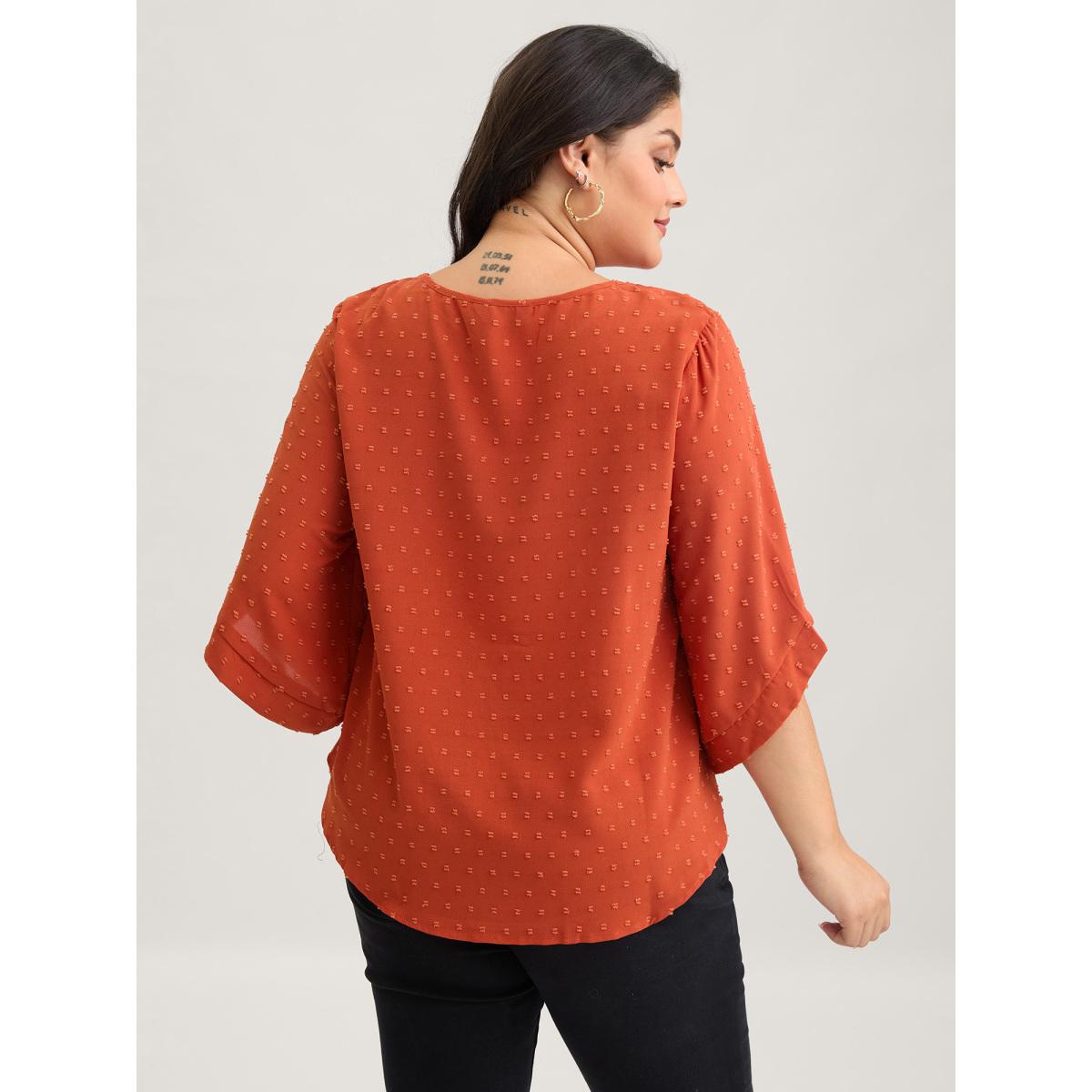 Plus Size OrangeRed Textured Round Neck Bell Sleeve Blouse Women Timeless Elbow-length sleeve Round Neck Elegant Blouses BloomChic 30/6X Product Image