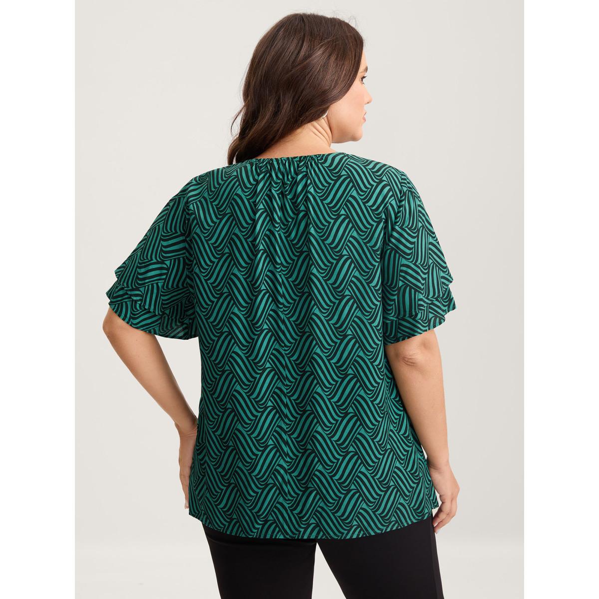 Plus Size Cyan Rayon Geometric Print Layered Sleeve Blouse Women Office Short sleeve Round Neck Office Blouses BloomChic 12/L Product Image