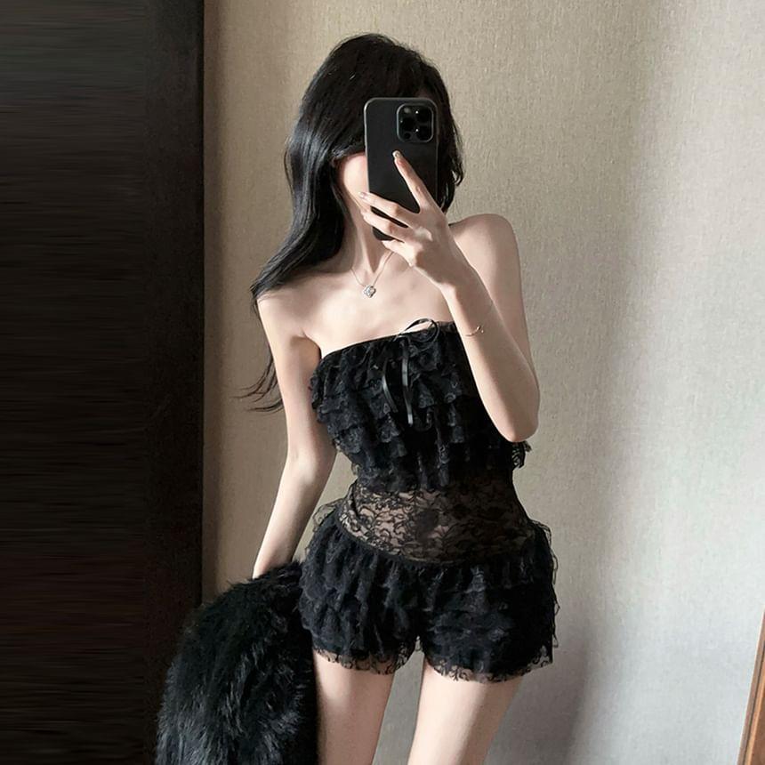 Plain Bow Tiered Lace Tube Romper Product Image