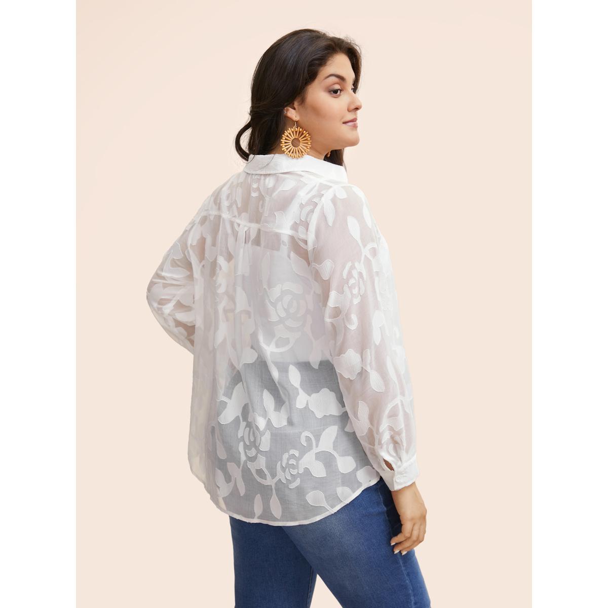 Plus Size Originalwhite Shirt Collar Floral Mesh Blouse Women Resort Extra Long Sleeve Shirt collar Vacation Blouses BloomChic 14-16/1X Product Image