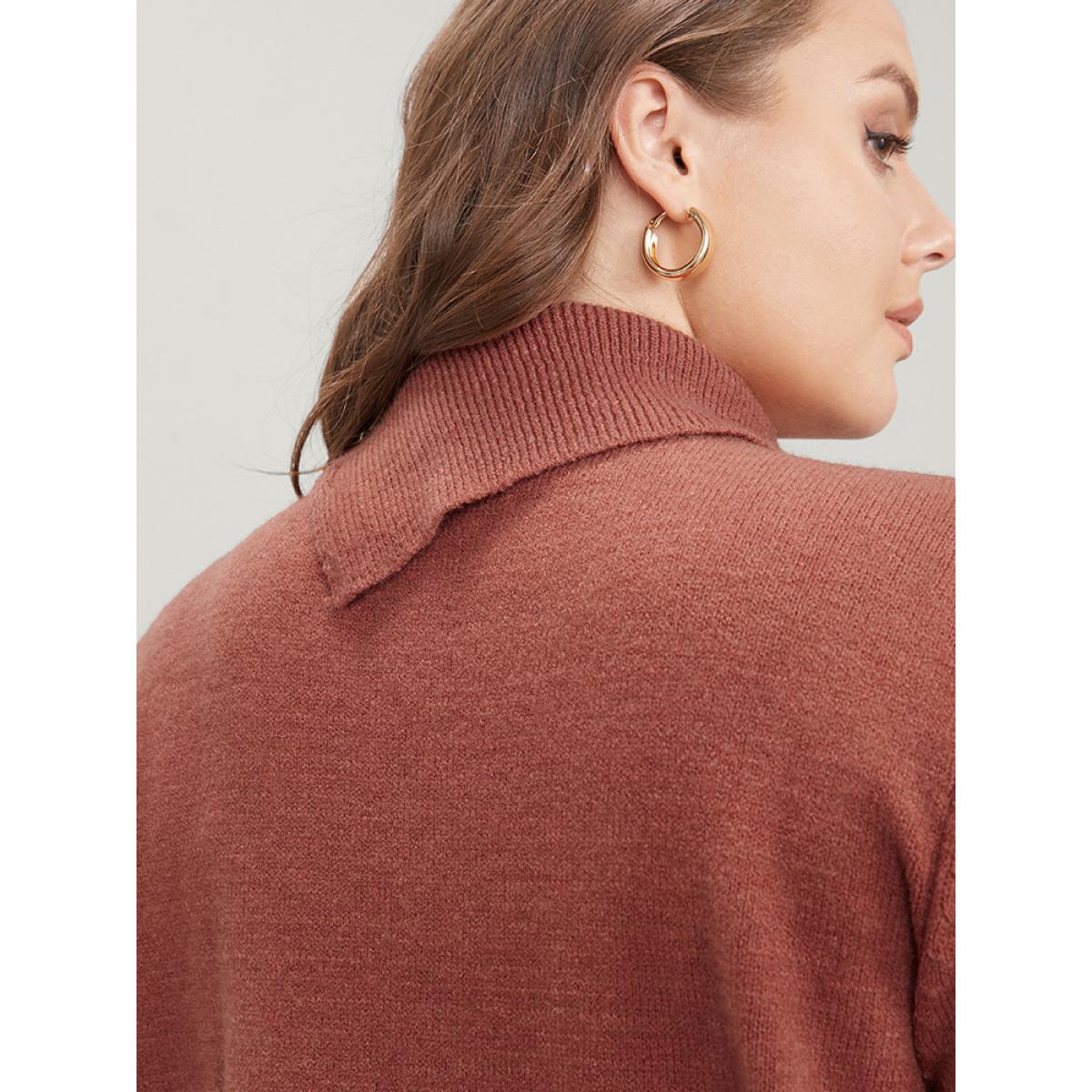 Plus Size Solid Super Soft Plush Knit Button Detail Asymmetrical Knit Top Rust Women Casual Loose Long Sleeve Dailywear Pullovers BloomChic 28/5X Product Image