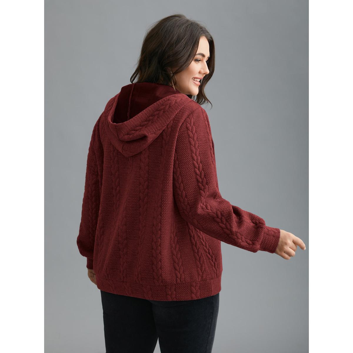 Plus Size Cable Knit V-Neck Ribbed Hem Hoodie Women Burgundy Casual Texture Hooded Everyday Sweatshirts BloomChic 28/5X Product Image