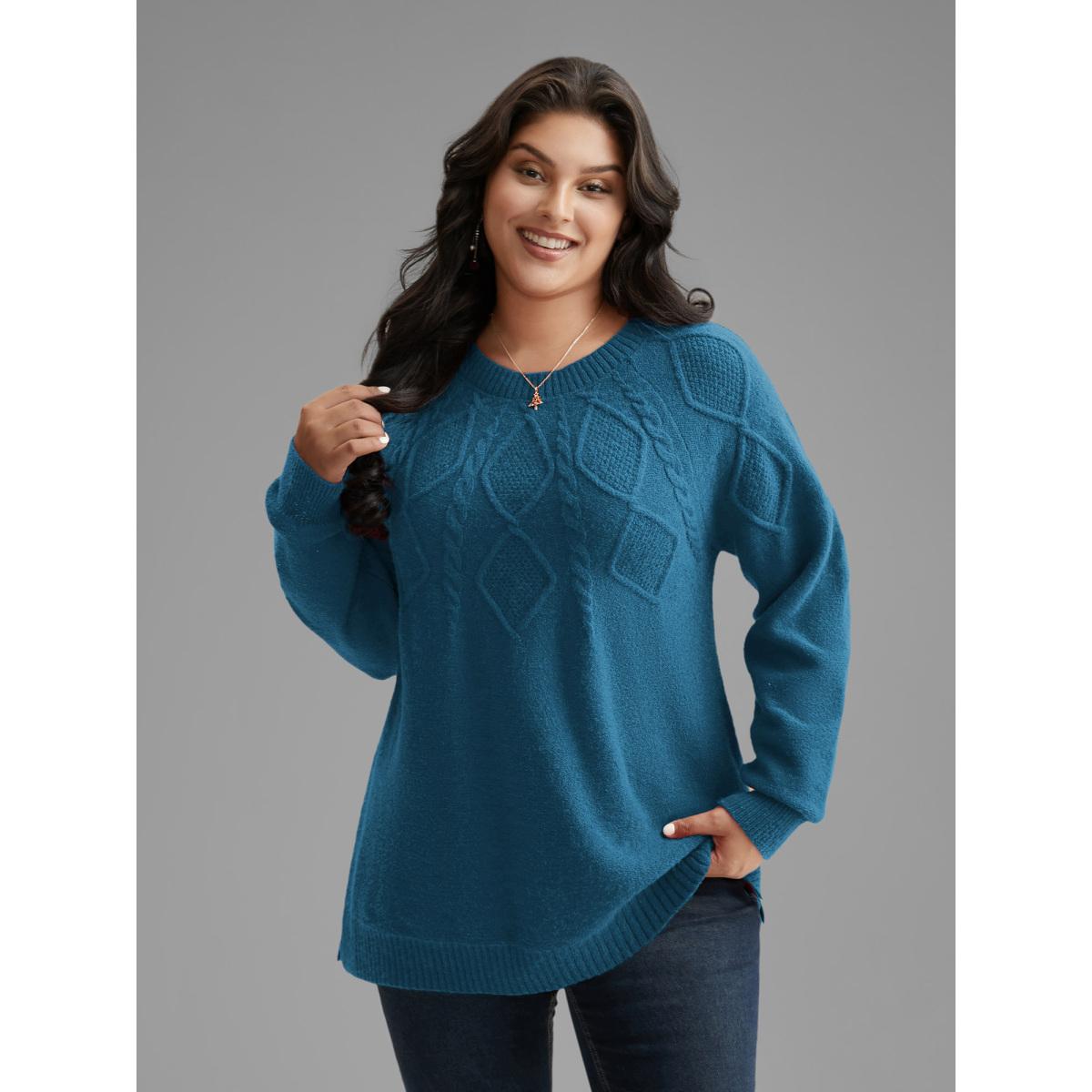 Plus Size Cable Knit Bodice Crew-Neck Pullover Brightred Women Leisure Loose Long Sleeve Round Neck Casual Pullovers BloomChic 22-24/3X Product Image