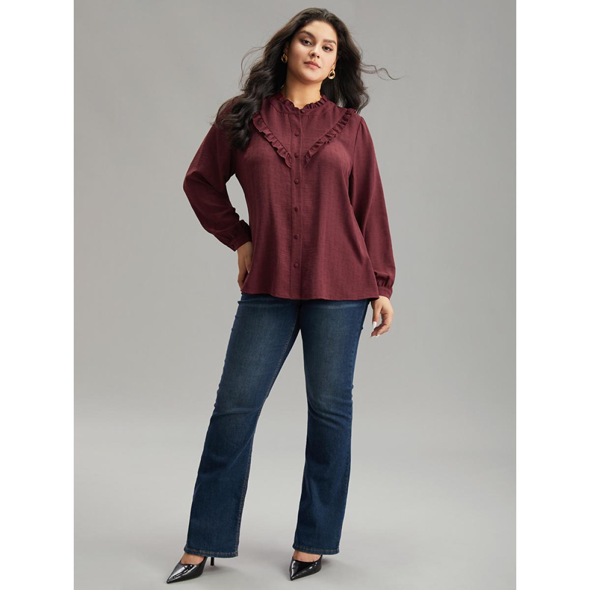 Plus Size Scarlet Stand Collar Solid Gathered Frill Trim Blouse Women Elegant Long Sleeve Stand-up collar Dailywear Blouses BloomChic 10/M Product Image