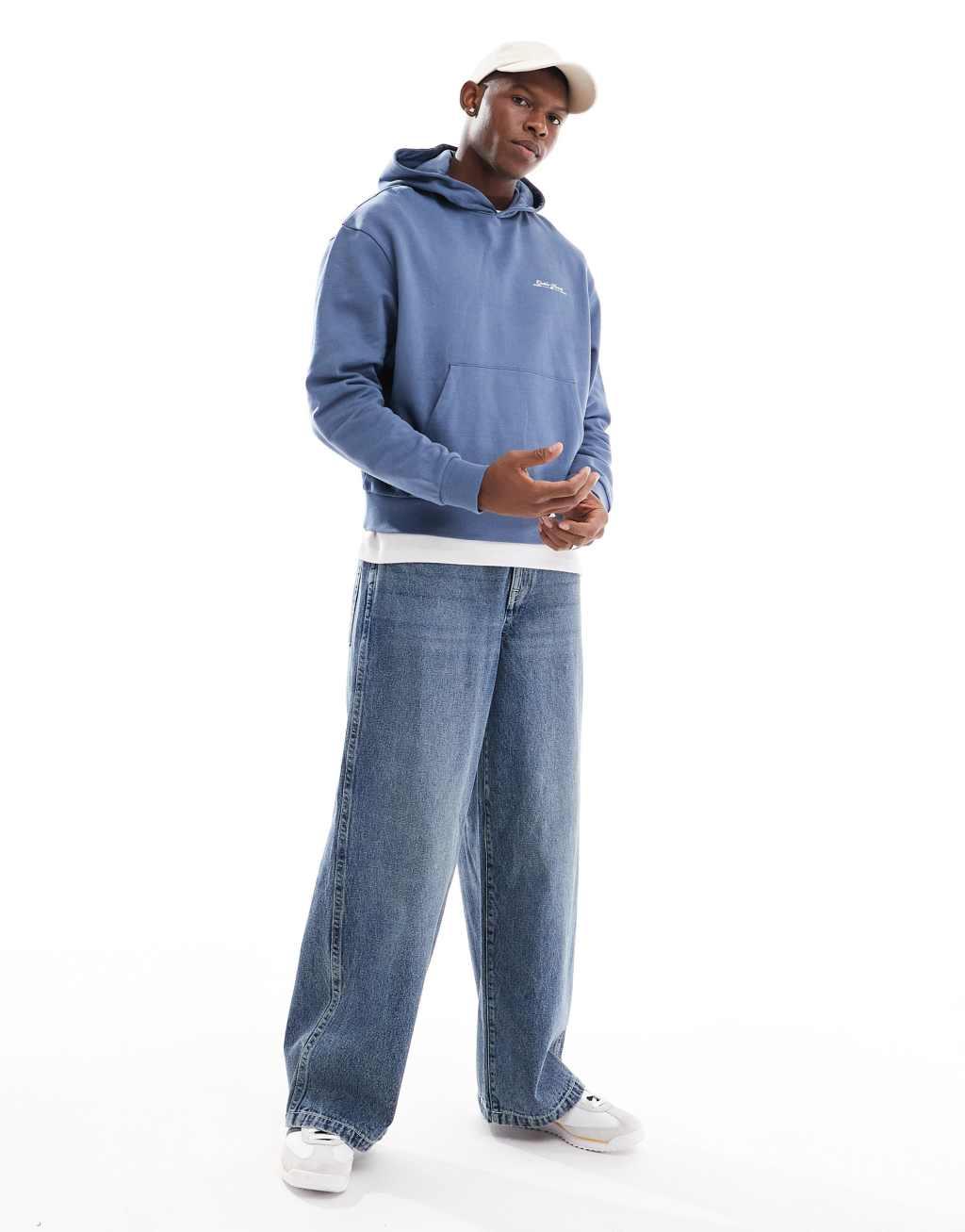 ASOS DESIGN boxy oversized hoodie with puff print in washed indigo Product Image