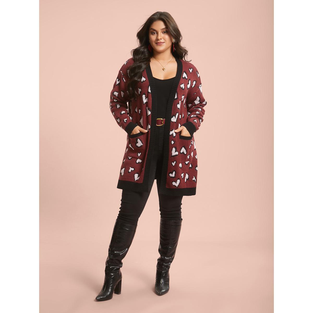 Plus Size Hearts All Over Open Front Contrast Cardigan Deepred Women Leisure Loose Long Sleeve Casual Cardigans BloomChic 30/6X Product Image