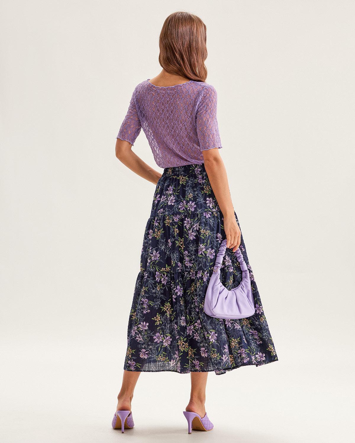 Black Floral Elastic Waist Midi Skirt Product Image