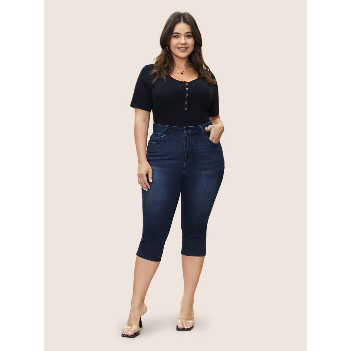 Plus Size Dark Wash Below The Knees Pocket Jeans Women Indigo Casual Plain Button High stretch Slanted pocket Jeans BloomChic 14/1X Product Image