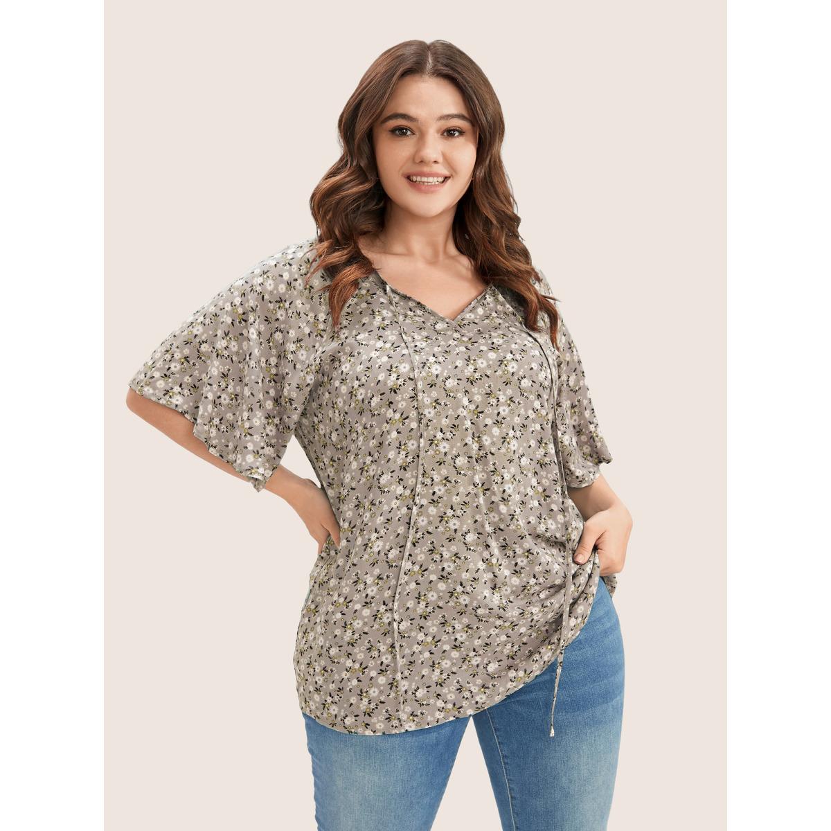 Plus Size LightBrown Ditsy Floral Ruffle Sleeve Tie Neck Blouse Women Elegant Short sleeve V-neck Everyday Blouses BloomChic 10/M Product Image