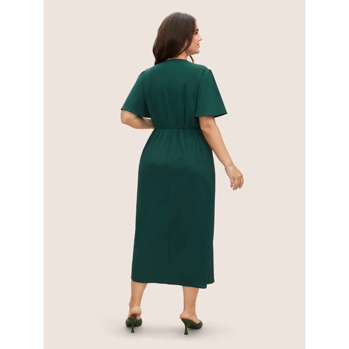 Plus Size Solid Pleated Ruffle Sleeve Wrap Hem Dress DarkGreen Women Elegant Gathered Overlap Collar Short sleeve Curvy BloomChic 22-24/3X Product Image