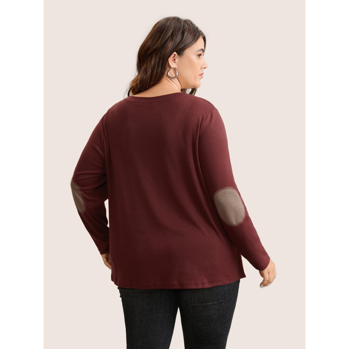 Plus Size Two Tone Patchwork Button Front T-shirt Burgundy Women Casual Contrast Plain Round Neck Dailywear T-shirts BloomChic 28/5X Product Image