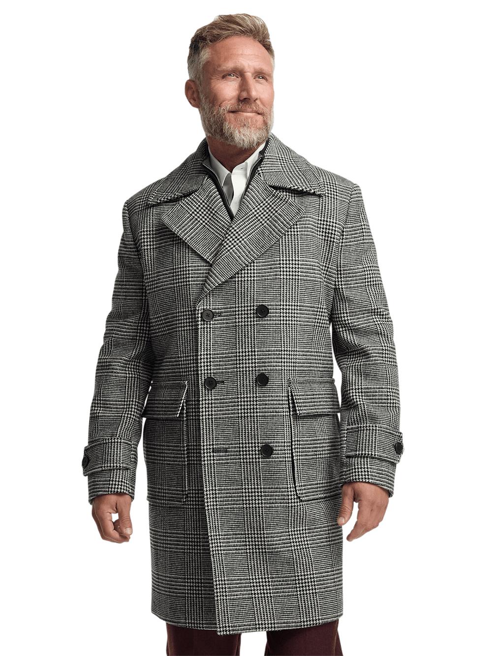 Wool Blend Plaid Double Breasted Topcoat - Black/white Product Image
