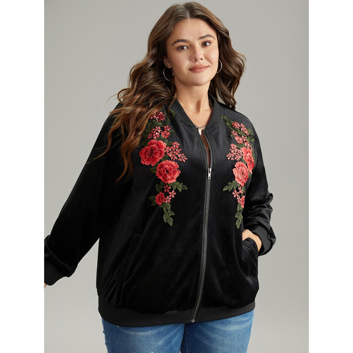Plus Size Velvet Floral Embroidered Zipper Pocket Bomber Jacket Women Black Contrast Pocket Dailywear Jackets BloomChic 10/M Product Image