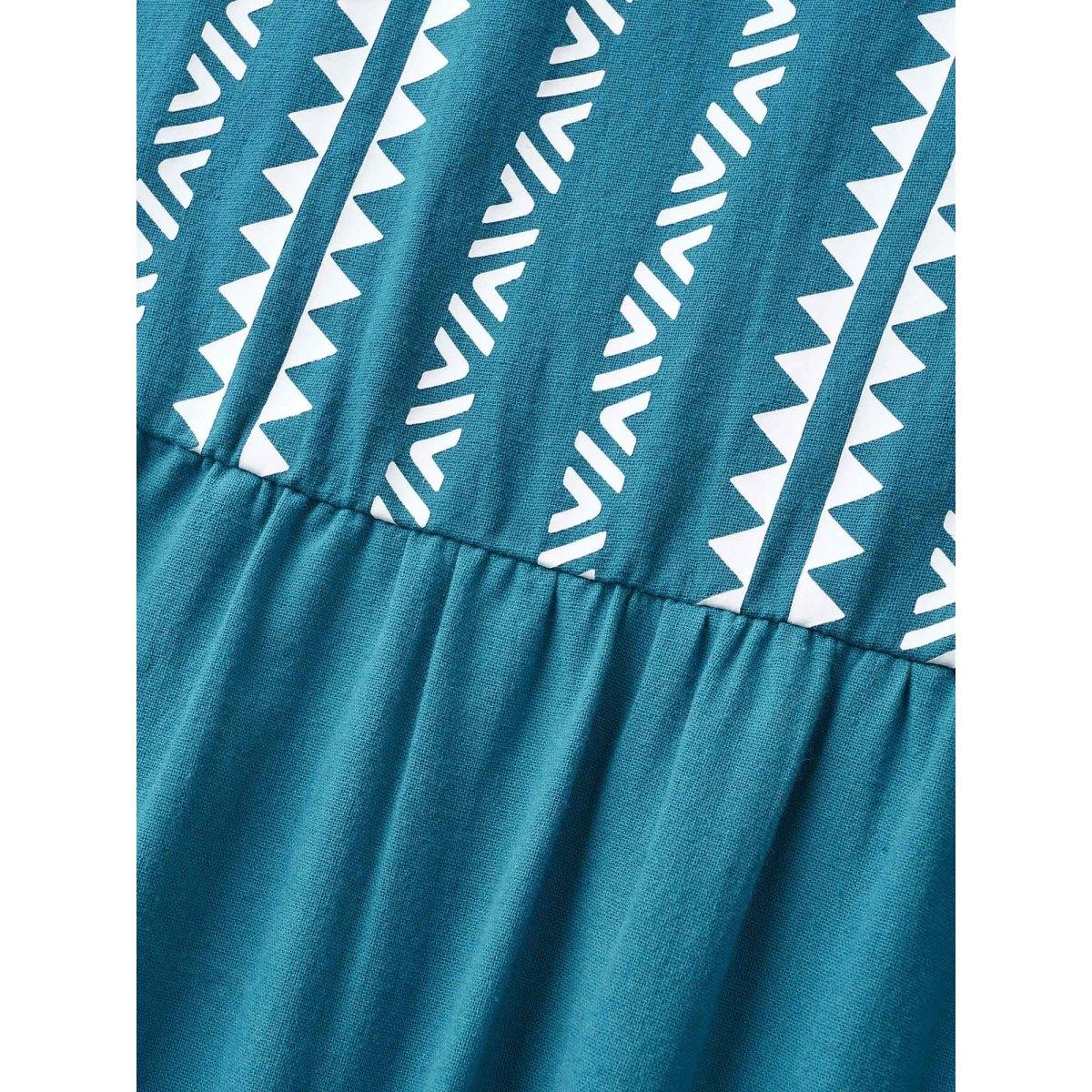 Plus Size Cotton Bandana Geometric Ruffle Cap Sleeve Midi Dress Cerulean Women Casual Ruffles V-neck Cap Sleeve Curvy BloomChic 18-20/2X Product Image