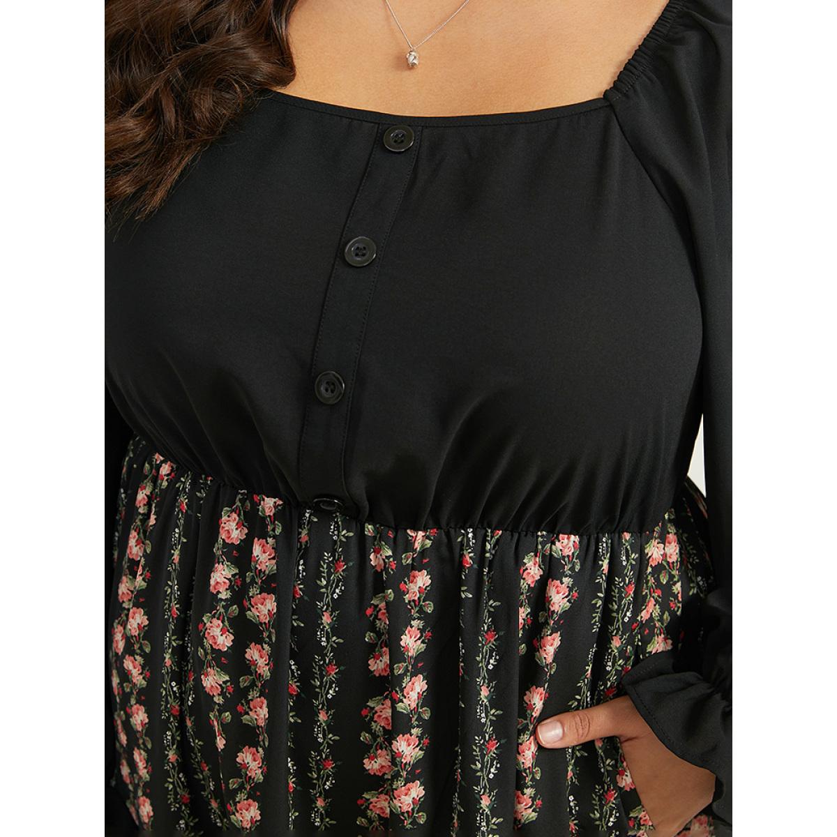 Plus Size Floral Ruffle Layered Hem Square Neck Dress Black Women Office Elastic cuffs Square Neck Long Sleeve Curvy Midi Dress BloomChic 30/6X Product Image