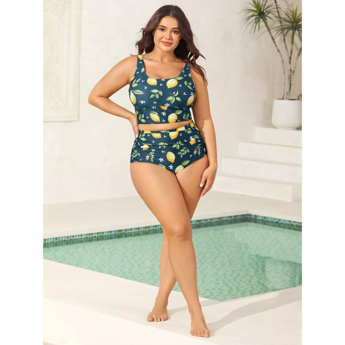 Plus Size Lemon Print Scoop Neck Swim Top Women's Swimwear Aegean Resort High stretch Skinny U-neck Curve Swim Tops BloomChic 30/6X Product Image