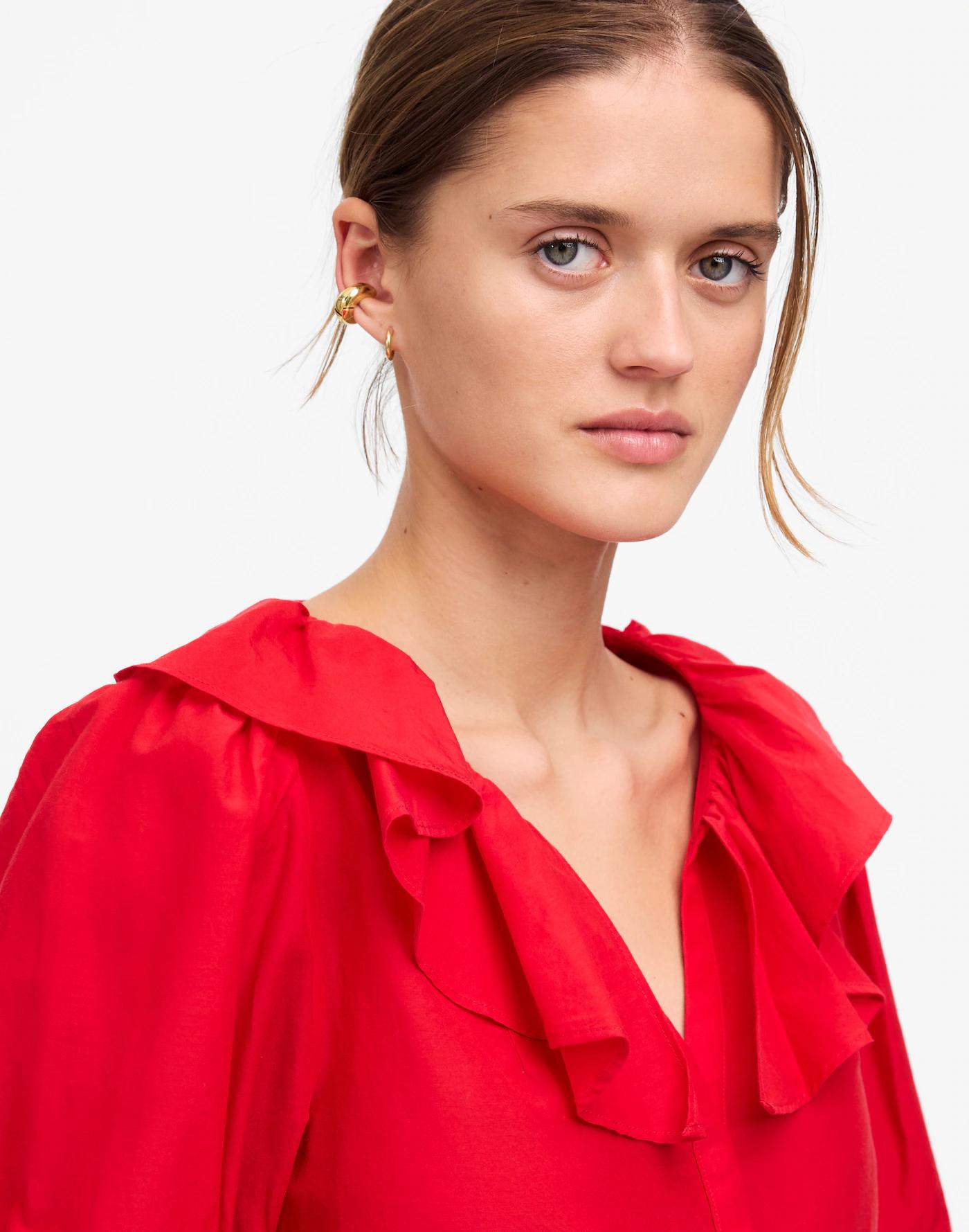 Ruffled Y-Neck Top in Cotton-Silk Product Image