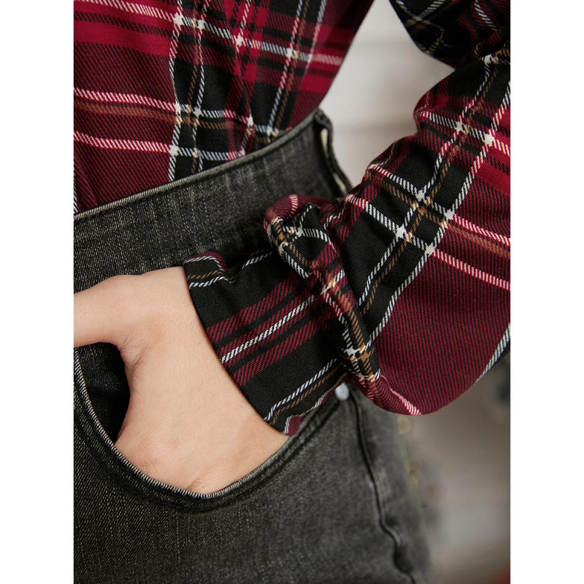 Plus Size Plaid Lantern Sleeve Mock Neck Long Tee Scarlet Women Elegant Printed Plaid Mock Neck Dailywear T-shirts BloomChic 26/4X Product Image