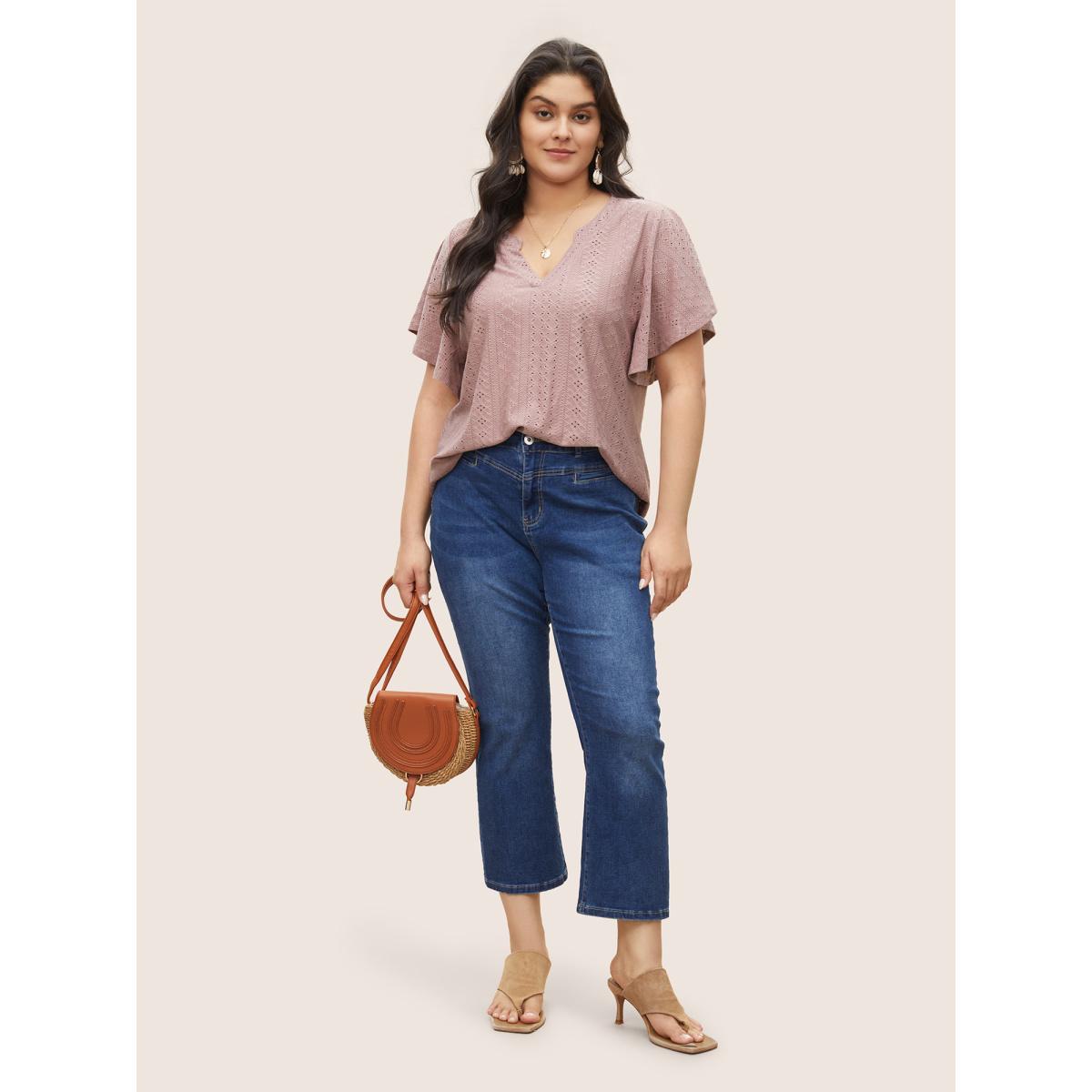 Plus Size Plisse Flat Collar With V Notch Ruffle Sleeve T-shirt DustyPink Women Elegant Flat collar with V-notch Everyday T-shirts BloomChic 26/4X Product Image