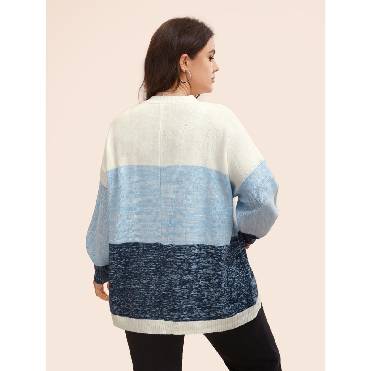 Plus Size Colorblock Contrast Curved Hem Cardigan Indigo Women Casual Loose Long Sleeve Everyday Cardigans BloomChic 22-24/3X Product Image