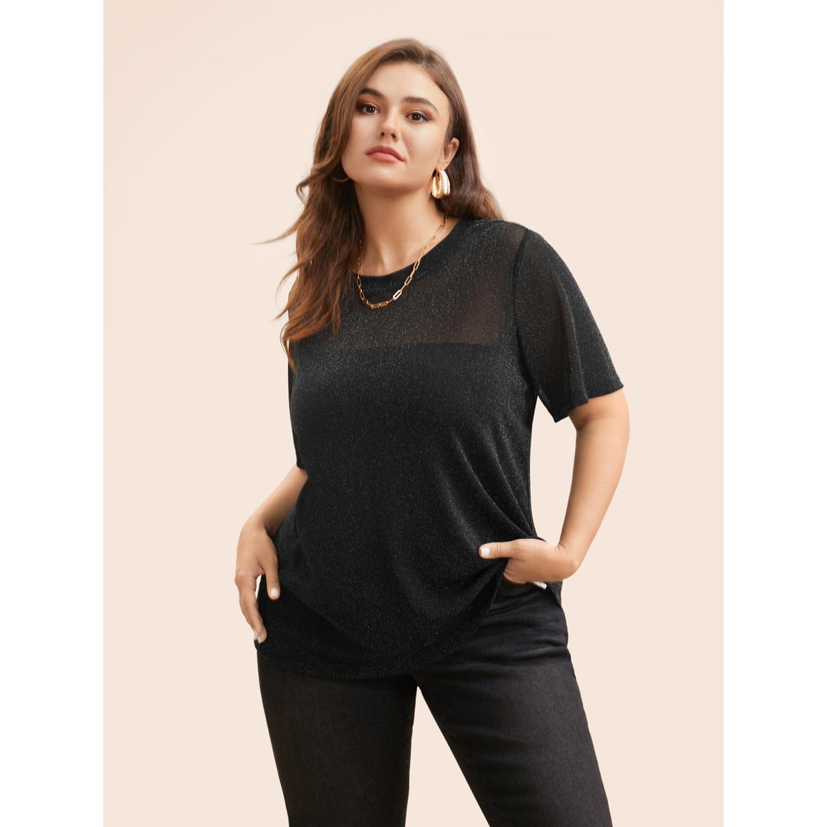Plus Size Black Sheer Grid Neck Keyhole Blouse Women Short sleeve Round Neck Work Blouses BloomChic 14-16/1X Product Image