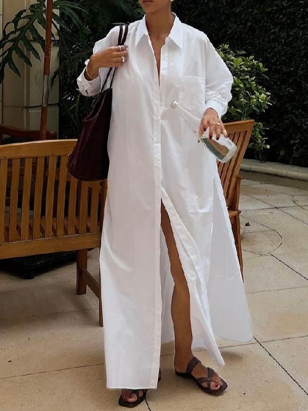 Long Sleeves Loose Buttoned Solid Color Split-Side Lapel Maxi Shirt Dress Product Image