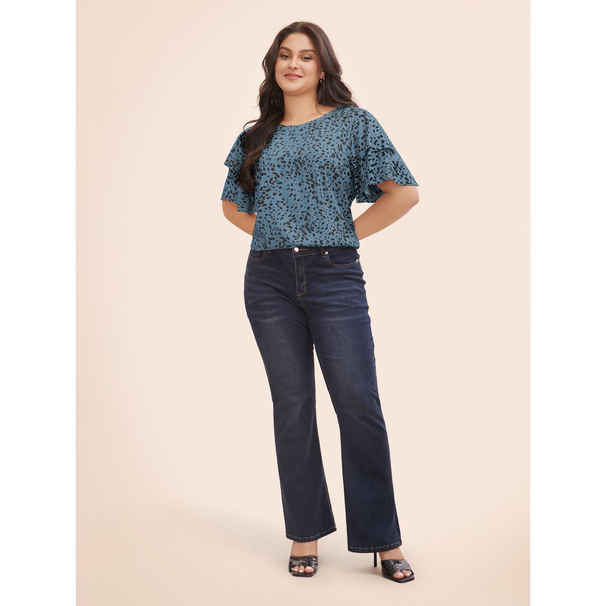 Plus Size Stone Leopard Crew Neck Ruffle Tiered Sleeve Blouse Women Elegant Short sleeve Round Neck Everyday Blouses BloomChic 14-16/1X Product Image