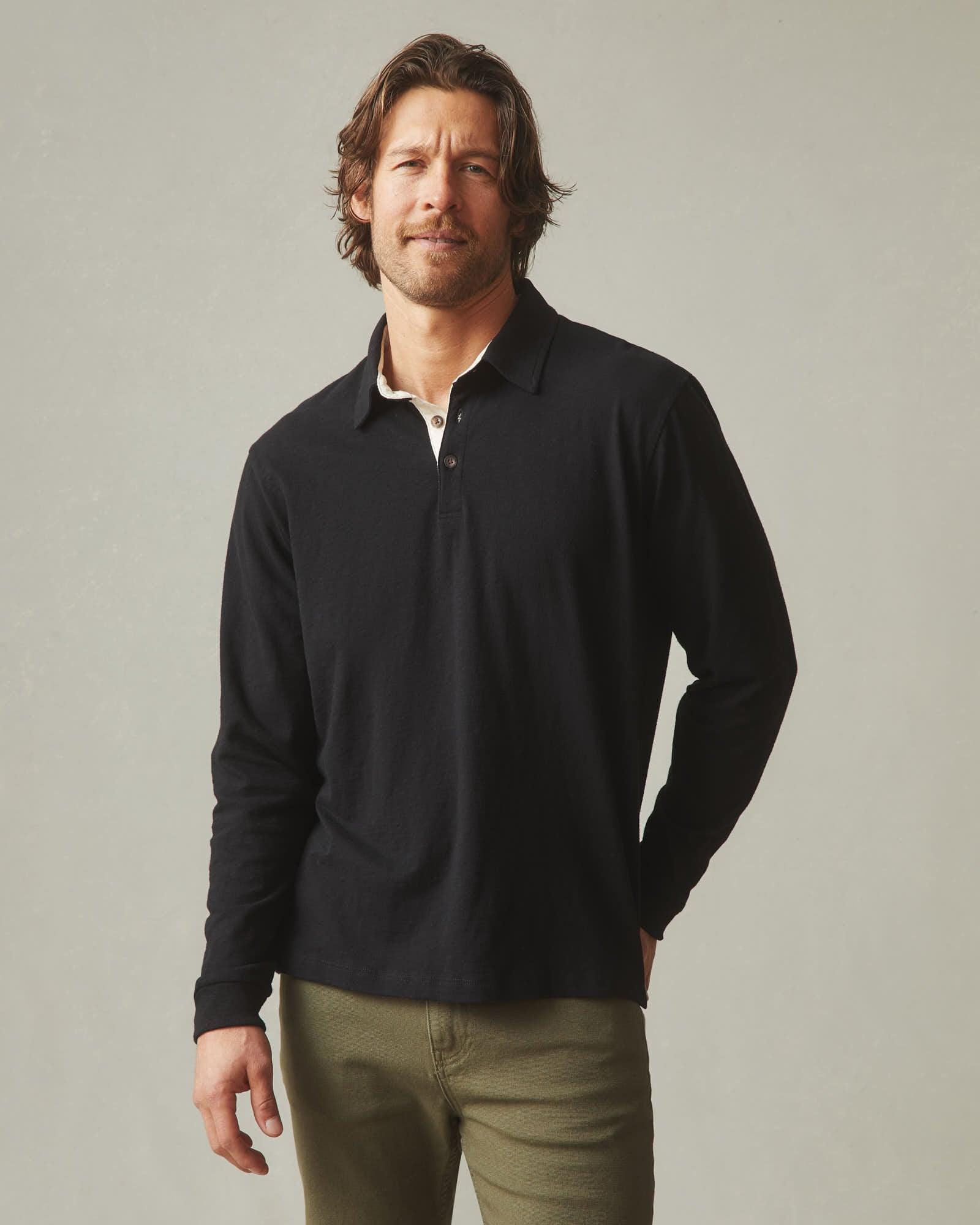 Men's Premium Slub Long Sleeve Polo - Black Product Image