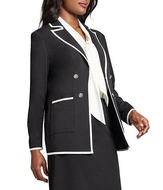 Ming Wang Stretch Deco Crepe Peak Collar Long Sleeve Contrast Trim Jacket Product Image