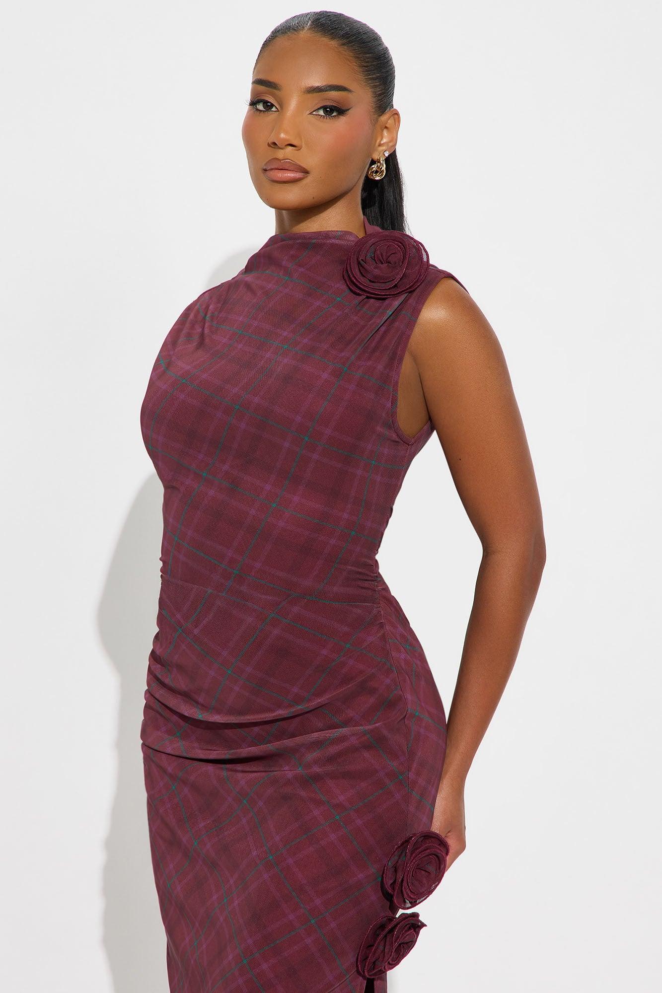 Rosie Ruched Plaid Mini Dress - Burgundy Female Product Image
