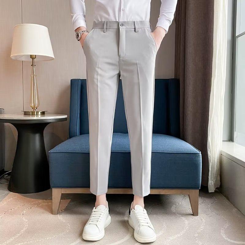 Mid Rise Plain Cropped Tapered Dress Pants Product Image