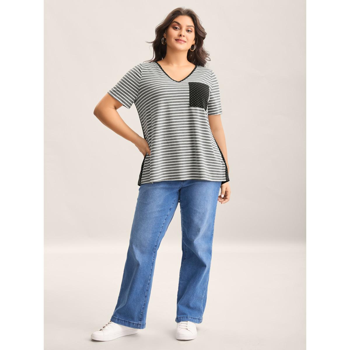 Plus Size Striped Polka Dots Print Pockets T-Shirt DimGray Women Contrast V-neck Everyday-Casual T-shirts BloomChic 22-24/3X Product Image