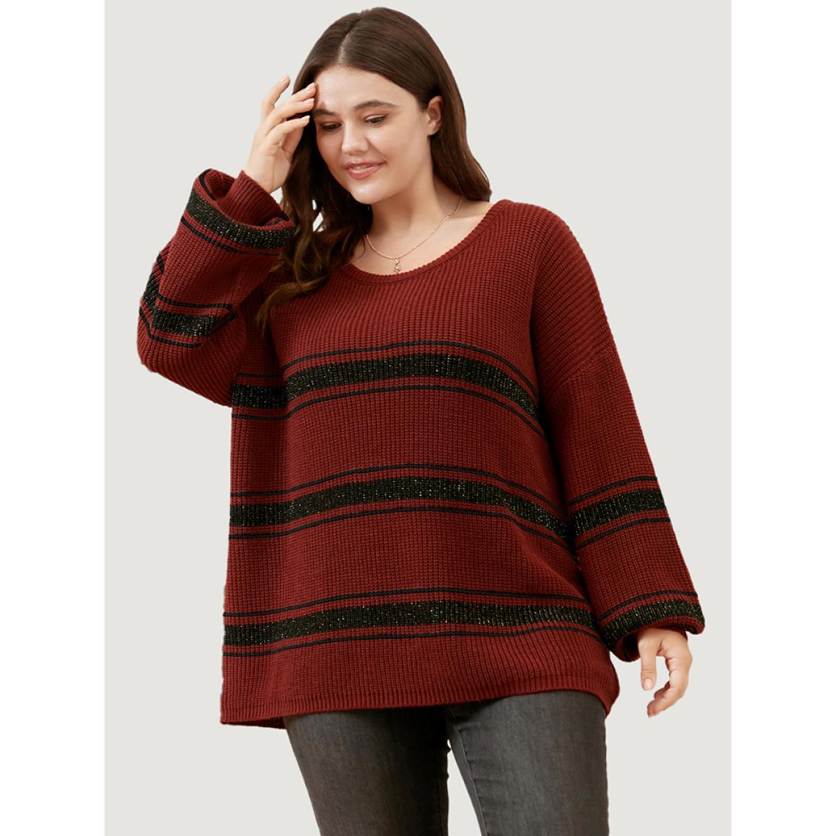 Plus Size Striped Contrast Pointelle Knit Lantern Sleeve Round Neck Knit Top Scarlet Women Casual Loose Long Sleeve Round Neck Dailywear Pullovers BloomChic 18-20/2X Product Image